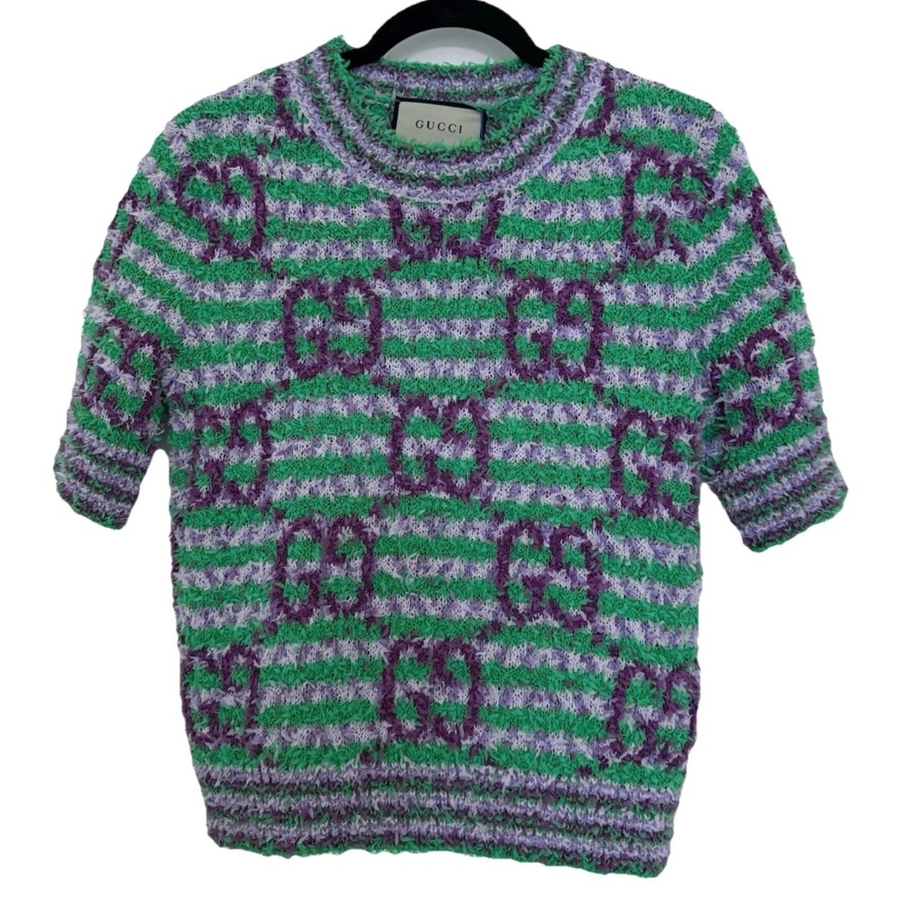 SOLD Gucci Green And Purple Short Sleeve Knit Sweater Top Small